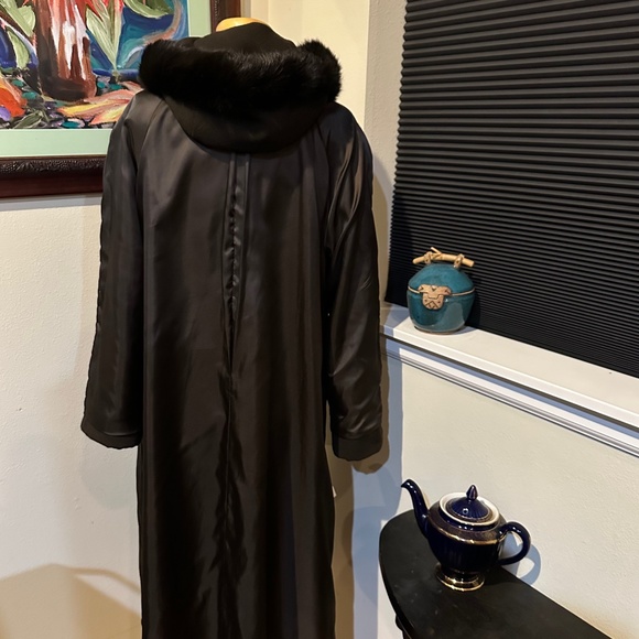 Elegant Brown Wool Long Overcoat with Hood & Real Fur 1990s - sz 10 P or Med - Picture 10 of 16